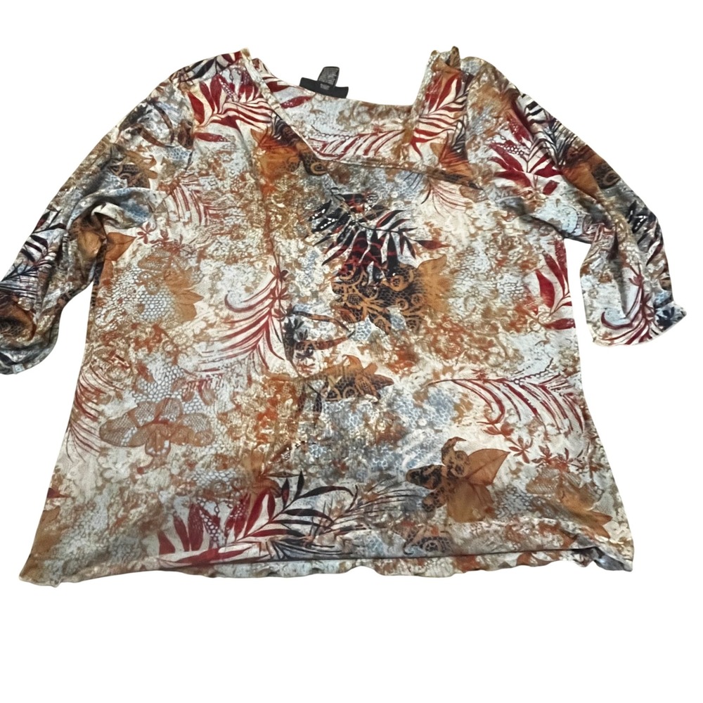 Venezia Womens Plus 22/24 Tropical Animal Print 3/4 Sleeve Blouse Top Earth Tone